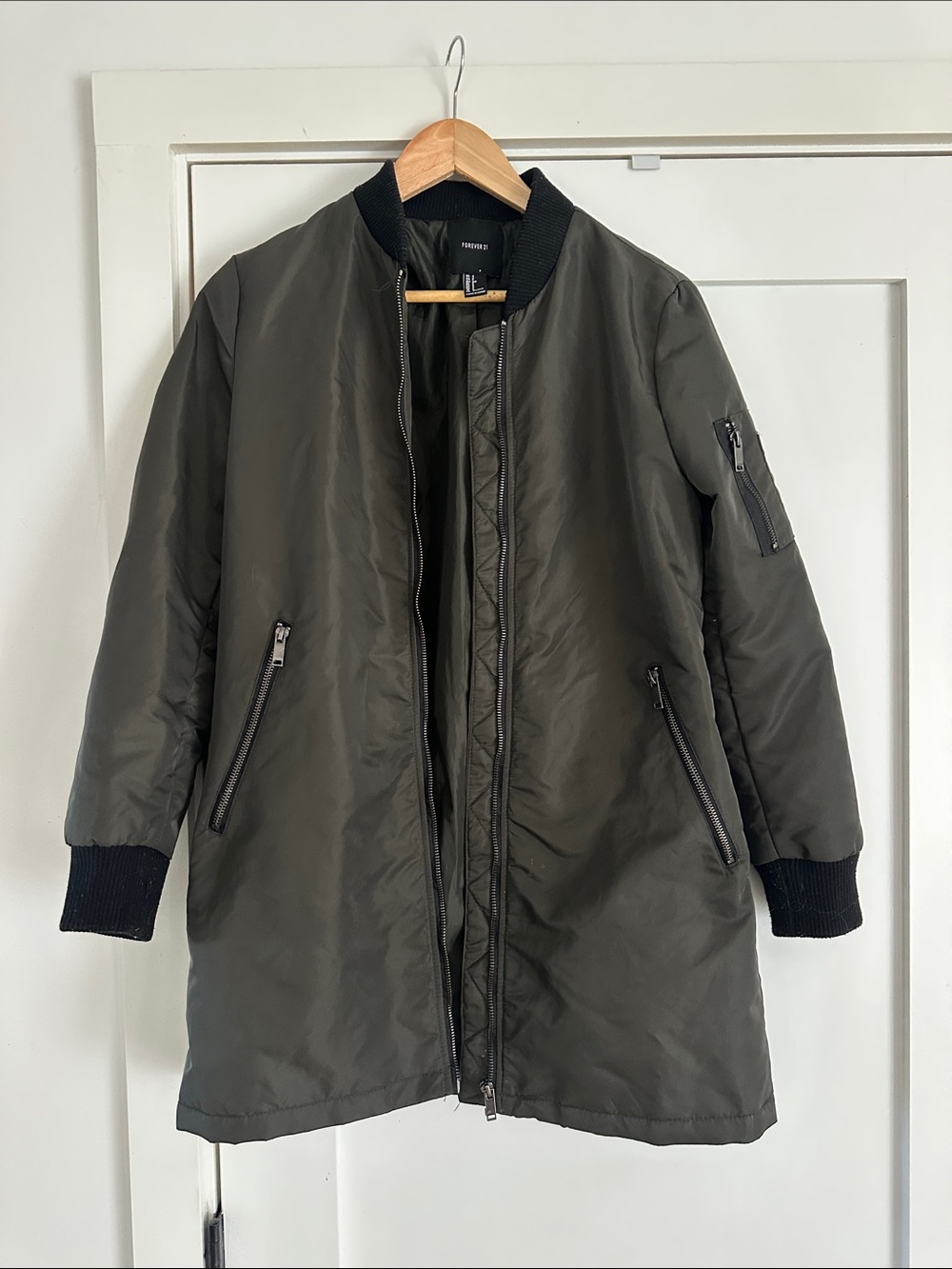 Long Bomber Jacket in Olive Green - Forever 21